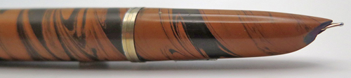 ITEM #2120: PARKER/BEXELY 51. SHELL AND BARREL WERE MADE BY BEXELY. THE INNER WORKINGS MADE BY PARKER. UNIQUE TIGER SWIRL PATtERN. PARKER 51 14K TUBULAR NIB IN BROAD/MEDIUM