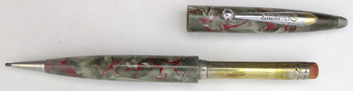 ITEM #3463: SHEAFFER BALANCE PENCIL IN GREY MARBLE WITH RED/BLACK VEINS. CHROME PLATED TRIM. Mechanism works both ways.