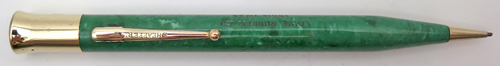 ITEM #3734: SHEAFFER FLAT TOP ADVERTISMENT PENCIL IN JADE GREEN. PERFECT COLOR. ADVERTISMENT FOR INDIA TIRES WITH ENAMELED OWL AND WORDS "GET WISE" INLAID FLAT TOP. Imprint on side says "Lowe Rubber India Tires". 0.046" Lead.