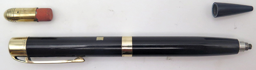 ITEM #3742: EVERSHARP PUSH PENCIL IN BLACK, MODEL J-177B. Includes desireable extra gold band at top. Eraser in good condition
