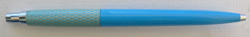 #6022: PARKER PRINCESS JOTTER WITH LIGHT BLUE, FISH SCALE PATTER ON CAP. BRIGHT BLUE BARREL. CHROME PLATED TRIM. METAL THREAD INCERT AND GOLD PLATED CLICKER WITH COVEX TOP. NO CLIP