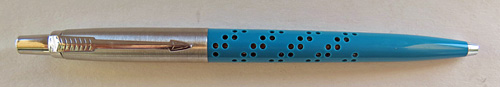 6216: PARKER/MC JOTTER IN PERFERATED BLUE ACRYLIC. Indented clicker top. Customized by former Parker employee