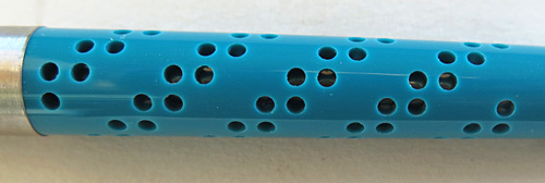  6216: PARKER/MC JOTTER IN PERFERATED BLUE ACRYLIC. Indented clicker top. Customized by former Parker employee