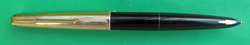 #6218: PARKER CAPILLARY 61, BLACK WITH GOLD FILLED CAP & TRIM. Medium nib. Thin band between barrel and section. Teflon filling unit