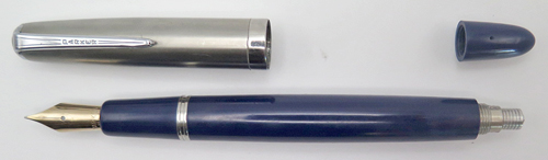 6356: PARKER VS IN DARK BLUE WITH BRUSHED STAINLESS CAP & CHROME TRIM. FINE 14K NIB. BUTTON FILLER WITH CLEAR FEED