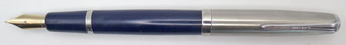 #6356: PARKER VS IN DARK BLUE WITH BRUSHED STAINLESS CAP & CHROME TRIM. MED/FINE 14K NIB. BUTTON FILLER WITH CLEAR FEED