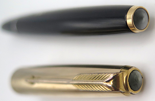 #6383: ARGINTINIAN MARK SERIES PARKER 61 FOUNTAIN PEN. GOLD FILL CAP & TRIM. BLACK BARREL WITH PRE PRODUCTION NUMBER STAMPED IN BARREL. OCTANIUM MEDIUM NIB. TWO DOT (INSTEAD OF ARROW) INLAY ON SECTION TIP. 61 DOUBLE JEWELS.