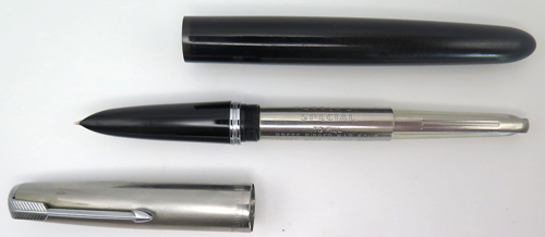 6384: NOS PARKER 51 FOUNTAIN PEN IN BLACK WITH A BRUSHED STAINLESS CAP. CHROME TRIM. NIB IS FINE 14K. NEVER INKED. special