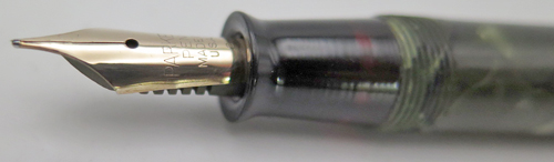 ITEM #1666: PARKER CHALLENGER FOUNTAIN PEN IN GREEN/BLACK MARBLE. LENGTH IN 5 1/4" WHEN CAPPED. NIB IS GOLD "PARKER PEN MADE IN USA" IN MEDIUM. NICKLE PLATED TRIM.