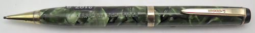 ITEM #2197: PARKER PARKETT PENCIL IN GREEN/BLACK MARBLE WITH GOLD FILLED TRIM. 