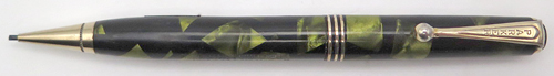 ITEM #2218: PARKER DELUX CHALLENGER PENCIL WITH TRIPLE BANDS IN GREEN/BLACK MARBLE. GOLD FILLED TRIM.