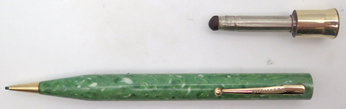 ITEM #2721: SHEAFFER BALANCE FLAT TOP JADE GREEN PENCIL. GOLD FILL TRIM. CHROME PLATED TRIM. Mechanism works both ways. Takes 0.046" Lead. No dents in derby.