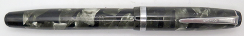 ITEM #3055: PARKER CHALLENGER FOUNTAIN PEN IN BLACK/GREY MARBLE. NIB IS 14K "PAKRER PEN" IN BROAD. FAIRLY CLEAR INK VIEW PORT IN THE SECTION.