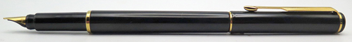 ITEM #4785: PARKER PLACE VENDOME or RIALTO 88 FOUNTAIN PEN IN GLOSSY BLACK LACQUER. GOLD CIRCLES ON BOTH TASSIE. GOLD PLATED TRIM. BROAD GOLD NIB. Comes with Parker piston converter filling system.