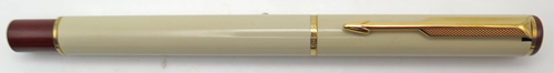 ITEM #4788: PARKER ARROW FOUNTAIN PEN IN CREAM. BLIND CAP & SECTION ARE MAROON. GOLD PLATED TRIM. "PARKER" GOLD NIB IN BROAD