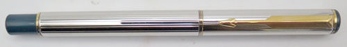 ITEM #4790: PARKER ARROW FOUNTAIN PEN IN CHROME. BLUE TASSIES & SECTION. GOLD PLATED TRIM. GOLD NIB IN FINE. Comes with Parker squeeze converter