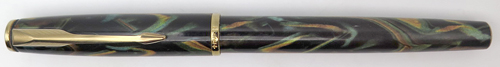ITEM #4795: PARKER INSIGNIA FOUNTAIN PEN IN ORANGE/BLUE/BLACK SWIRL. GOLD PLATED TRIM. NIB IS 18K IN BROAD.