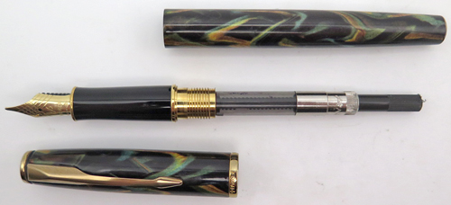 ITEM #4795: PARKER INSIGNIA FOUNTAIN PEN IN ORANGE/BLUE/BLACK SWIRL. GOLD PLATED TRIM. NIB IS 18K IN BROAD.