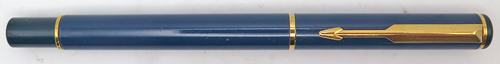 ITEM #5193: PARKER PLACE VENDOME BLUE LACQUER FOUNTAIN PEN. GOLD PLATED TRIM. TASSIES + SECTION IN TOURQUIS. GOLD CIRCLE ON TASSIES. GOLD NIB IS BROAD.