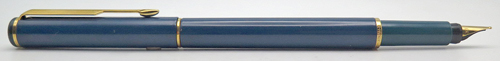ITEM #5193: PARKER PLACE VENDOME BLUE LACQUER FOUNTAIN PEN. GOLD PLATED TRIM. TASSIES + SECTION IN TOURQUIS. GOLD CIRCLE ON TASSIES. GOLD NIB IS BROAD.