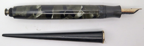 ITEM #5941: PARKER DESK PEN IN MARBLED BLACK/GREEN. GOLD NIB IS MEDIUM "PARKER PEN MADE IN USA". Nib in imprinted with an "8", though the it is not a #8 nib. 