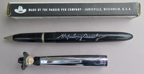 5968: HOPALONG CASSIDY FIRST BALLPOINT, BY PARKER. Strong imprint of rope textured Hopalong Cassidy signature, with no scratches. Face