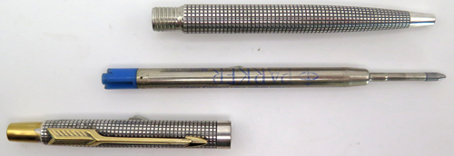 ITEM #6046: PARKER "CLASSIC" CLICKER BALL POINT IN STERLING SILVER CISLE PATTERN. GOLD PLATED TRIM