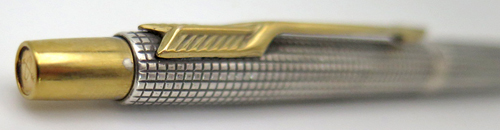 ITEM #6046: PARKER "CLASSIC" CLICKER BALL POINT IN STERLING SILVER CISLE PATTERN. GOLD PLATED TRIM