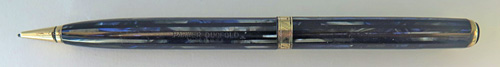 #6067: PARKER 3RD GENERATION DUOFOLD PENICIL IN BLUE & GREY VERTICLE STRIPES. WIDE BAND WITH GOLD PLATED TRIM