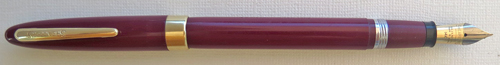 #6196: SHEAFFER SNORKEL SARATOGA IN (EARLIER, LIGHTERT) BURGUNDY WITH A MED/FINE OPEN TWO-TONE GOLD NIB