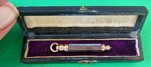 #6235: TELESCOPING VICTORIAN MOTHER OF PEARL DANCE PENCIL WITH RING TOP. TWIST ACTUATED PROPELLING MECHANISM