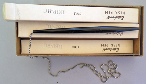 6266: LOT OF 6 ESTERBROOK BLACK BALL POINT PENS STYLED DBP-RC RECORDER WITH CHAIN.