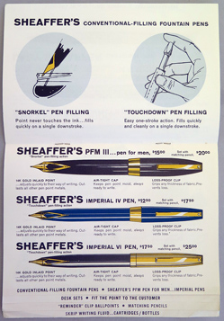 6272: SHEAFFER SELLING TOOL DATED MARCH 1962. POS brochure showing different models of then current Sheaffer Pens. Including colored illustrations of PFMs, Lady Sheaffer, 500, 800, 1,000, Compact II, imperial nibs, desk sets, reminder clips and Skrip ink