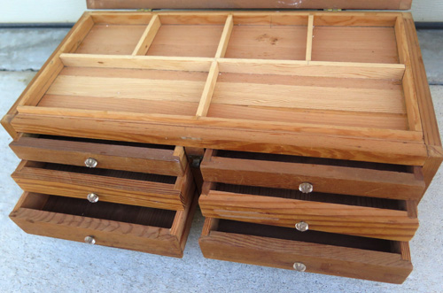 FIR (WOOD) PEN / TOOL STORAGE BOX. 6 drawers, all move freely