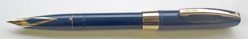 6306: SHEAFFER TOUCHDOWN IN BLUE WITH WHITE DOT ON CLIP & "LIFETIME" ON THE BOTTOM OF THE CLIP. FINE IMPERIAL INLAID 14K NIB