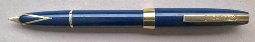 6308: SHEAFFER TOUCHDOWN IN BLUE WITH DOPHINE NOSE 14K INLAID NIB. GOLD FILL CLIP SAYS "SHEAFFER'S"