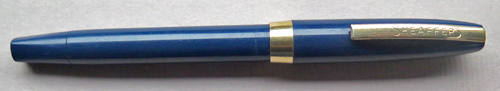 6308: SHEAFFER TOUCHDOWN IN BLUE WITH DOPHINE NOSE 14K INLAID NIB. GOLD FILL CLIP SAYS "SHEAFFER'S"