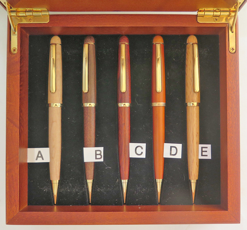 #6338: TURNED WOOD BALLPOINT PENS IN VARIOUS TYPES OF WOOD. USE CROSS REFILLS. Made by JCF Buisness Products in the City of Industry, California