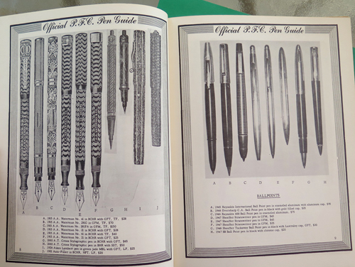 #6343: OFFICIAL P.F.C. PEN GUIDE BY CLIFF LAWRENCE 1982. Great source on pen configurations for which nib correctly goes with a specific pen. Black & white images. 92 pages of pen photographs, advice on how to buy old pens and a key to Waterman's pen & nib numbering system