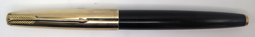 #6383: ARGINTINIAN MARK SERIES PARKER 61 FOUNTAIN PEN. GOLD FILL CAP & TRIM. BLACK BARREL WITH PRE PRODUCTION NUMBER STAMPED IN BARREL. OCTANIUM MEDIUM NIB. TWO DOT (INSTEAD OF ARROW) INLAY ON SECTION TIP. 61 DOUBLE JEWELS.
