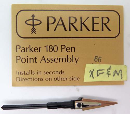 #6390: PARKER 180 NIB/FEED. GOLD NIB ONE SIDE IS XF, THE OTHER SIDE IS MEDIUM. THIS NIB WRITES IN 2 LINE WIDTHS, DEPENDING ON WHICH SIDE IS ON THE PAPER. IN ORIGIONAL PACKAGING