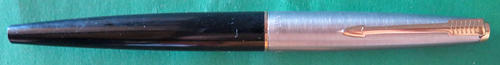 6426: PARKER 45 IN BLACK. BRUSHED STAINLESS STEEL CAP WITH GOLD PLATED TRIM. MADE IN USA. MEDIUM 14K NIB