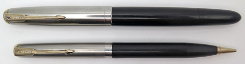 ITEM #6497: PARKER 51 SET, FOUNTAIN PEN + PENCIL. BLACK LUSTRALOY WITH GOLD FILLED TRIM. VACUMATIC FILLING UNIT. FOUNTAIN PEN NIB IS 14K IN MEDIUM. PENCIL WORKS IN BOTH DIRECTIONS
