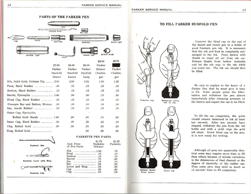ITEM #6558: PARKER PEN REPAIR MANUAL NO. 5115. 8TH Edition by Parker Pen Company. 37 pages of black and white illustrations. Includes parts inventory and directions on how to repair Parker Fountain Pens. Pens covered are the Duofold Parkette, Vacumatic, Deluxe Challenger, Challenger.