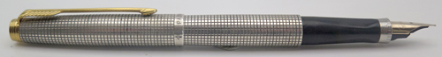 ITEM #6564: PARKER 75 FOUNAIN PEN STERLING SILVER CISLE PATTERN. GOLD PLATED TRIM AND FLUSH TASSIES. "0" ON FRONT GRADICULE BAND. NIB IS MED/FINE IN 14K.