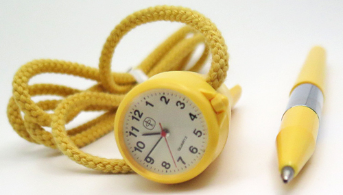 ITEM #6566: PAKER JOTTER SLINGER WATCH PEN IN YELLOW. BRANDED MORIOKA, TOKEI INC, JAPAN MODEL Y481C. In box. Uses battery type SR621SW.