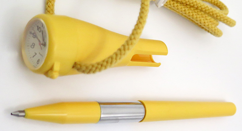 ITEM #6566: PAKER JOTTER SLINGER WATCH PEN IN YELLOW. BRANDED MORIOKA, TOKEI INC, JAPAN MODEL Y481C. In box. Uses battery type SR621SW.