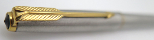 ITEM #6567: SLENDER PARKER 61 CAP ACTUATED FLIGHTER BALL POINT WITH DOUBLE GOLD BANDS. BLACK JEWEL. GOLD PLATED TRIM. UNCOMMON PEN!