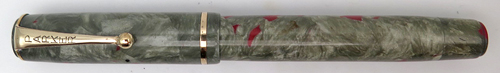 ITEM #6577: CANDADIAN PARKER FOUNTAIN PEN IN GREY MARBLE WITH RED VEINS. DEPRESSION-ERA TASSIE & JEWEL. ENGLISH-MADE 14K NIB IN BROAD.