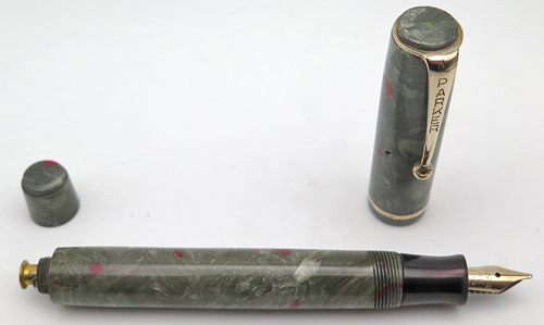 ITEM #6577: CANDADIAN PARKER FOUNTAIN PEN IN GREY MARBLE WITH RED VEINS. DEPRESSION-ERA TASSIE & JEWEL. ENGLISH-MADE 14K NIB IN BROAD.
